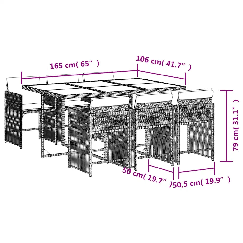 Set da Pranzo da Giardino 7 pz Cuscini Polyrattan Grigio Chiaro