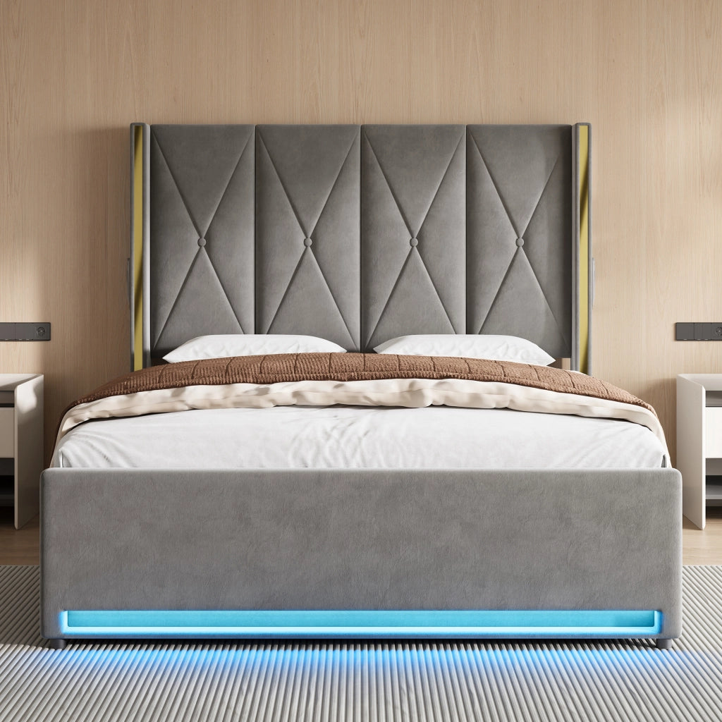 Letti contenitori 160x200 cm con testiera alta; USB; LED e tasche laterali in velluto grigio scuro