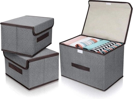 Set di 3 casse da ripiegare in tessuto con coperchio (2 misure), casse da ripiegare con maniglie per giocattoli, libri, camera da letto, armadio, ufficio, soggiorno.