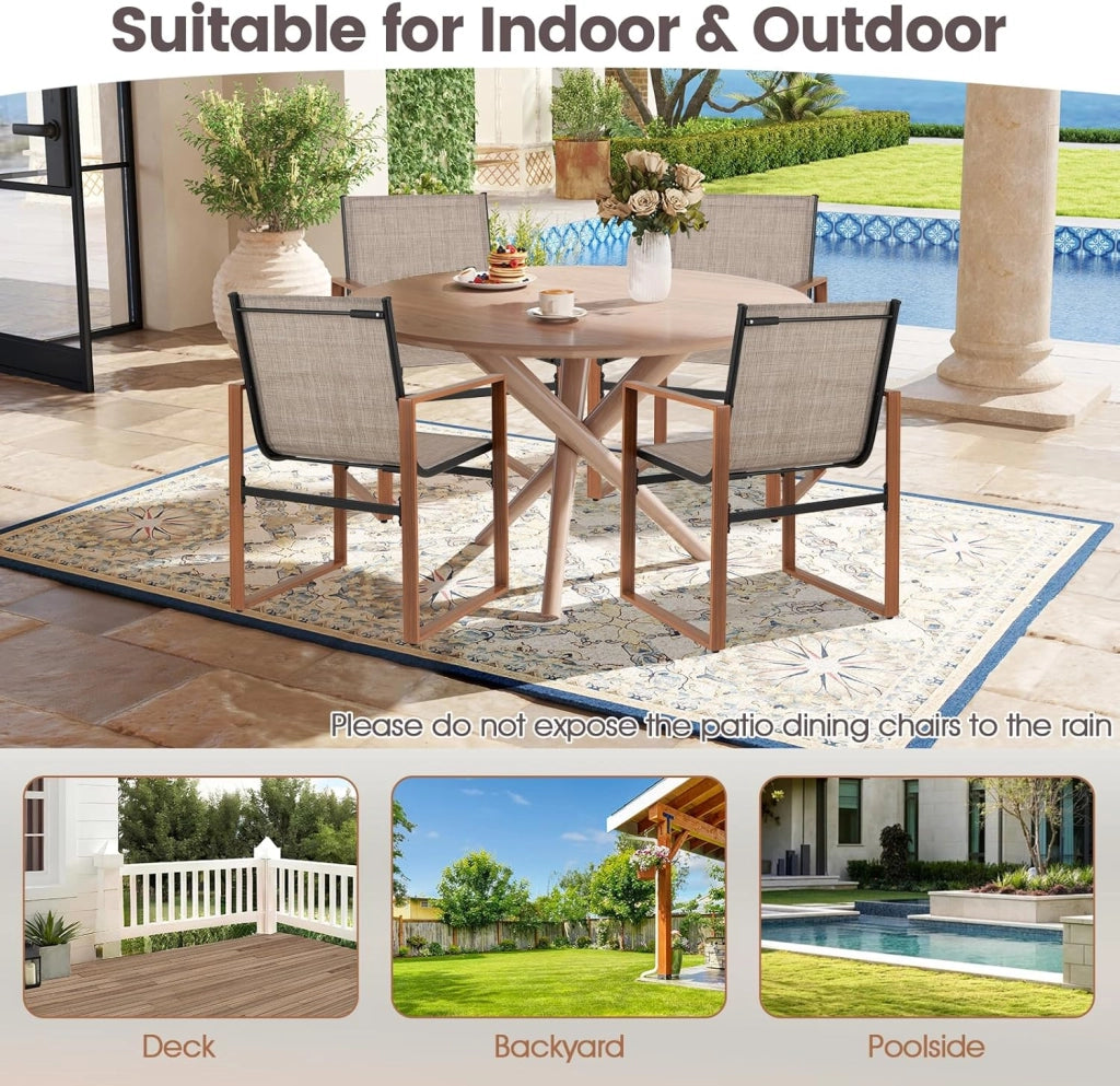 Set di 2 Sedie da Giardino Ergonomico in Tessuto e Metallo, Sedie da Pranzo da Esterno con Schienale Inclinato e Braccioli, Sedia da Patio, Terrazza, Balcone, Portata 150kg (Marrone)