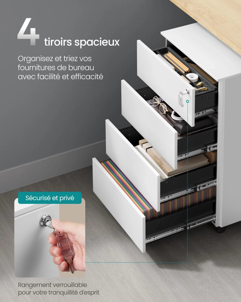 Mobiletto portaoggetti con serratura 3 cassetti per documenti e cancelleria preassemblato per l'ufficio domestico 39 x 45 x 55 cm bianco 12_0004822