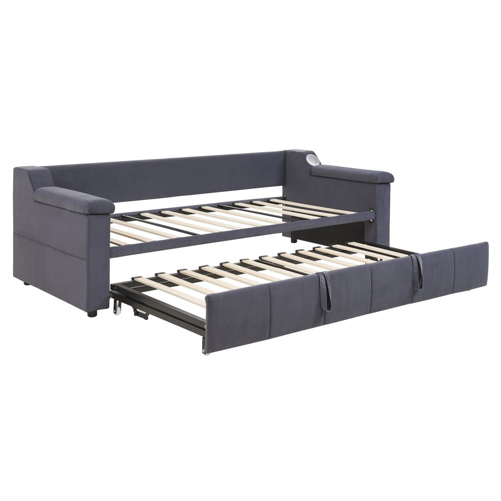 Letto imbottito estraibile matrimoniale 90×190 cm e 180×190 cm con USB; ripiani e Bluetooth; senza materasso; grigio
