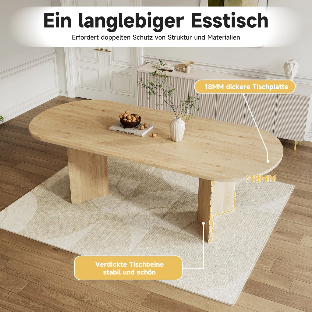 Tavolo da pranzo allungabile con piano da 18 mm e angoli arrotondati, per 4-8 persone, in MDF, rovere chiaro