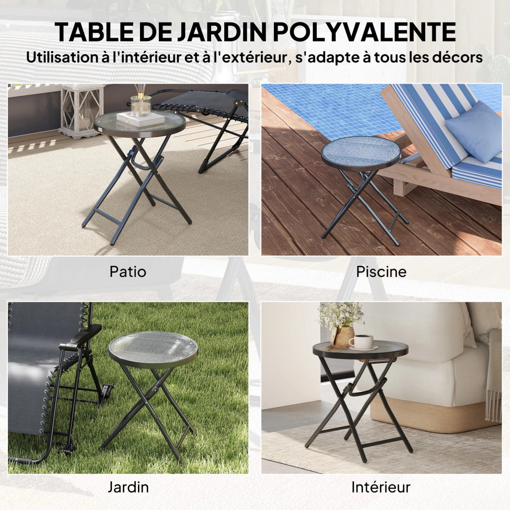 Tavolino rotondo da giardino ¨C zephmum ¨C nero, metallo, vetro temperato, ?60x50 cm, pieghevole