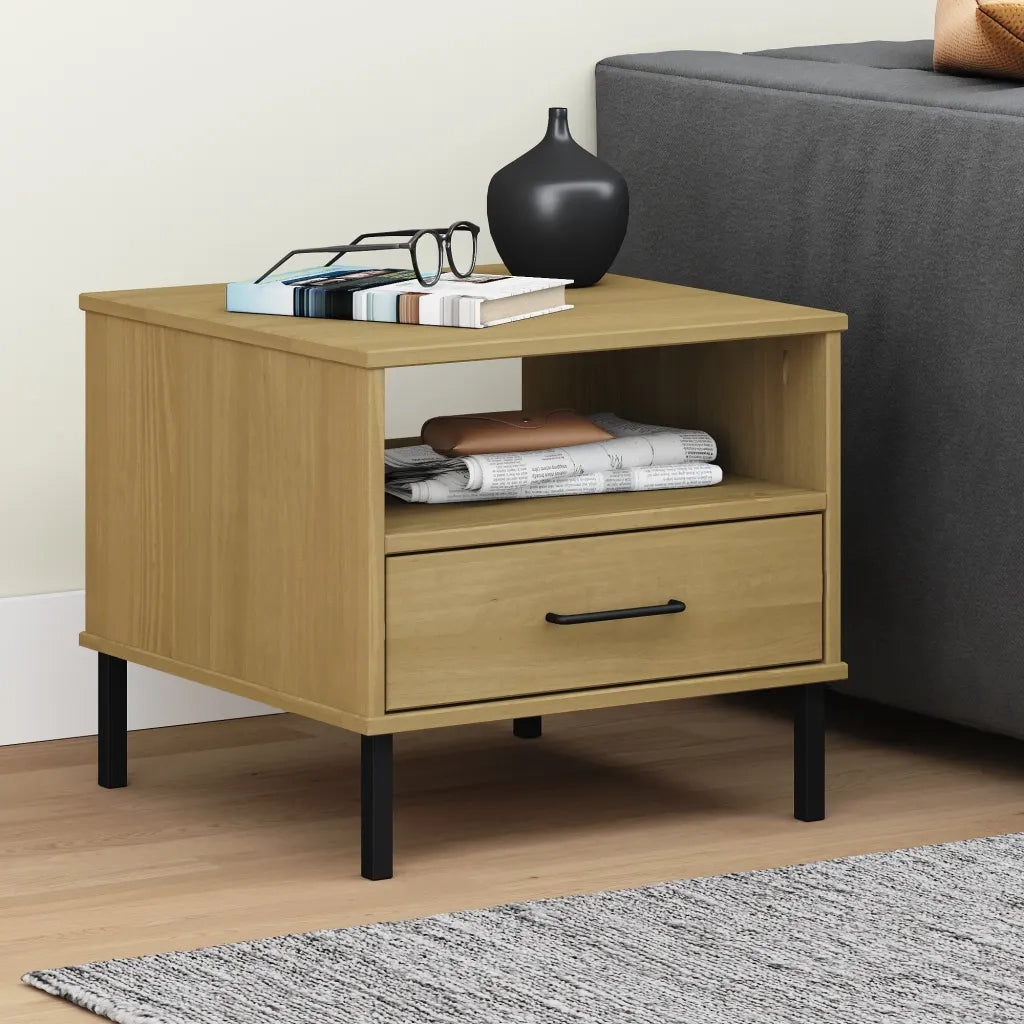 Comodino | Armadio da Notte | Mobiletto da notte con Gambe in Metallo Marrone Legno Massello Pino OSLO