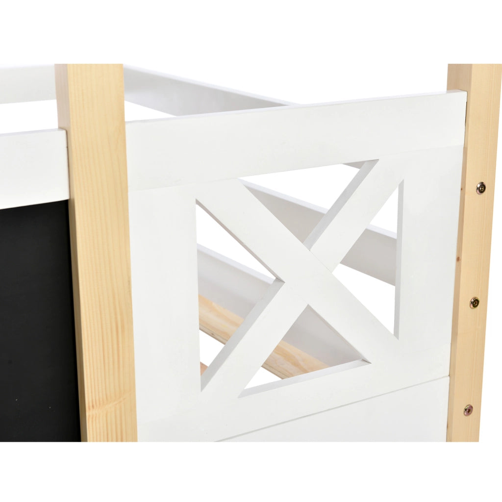 Hochbett per bambini a forma di casetta 90x200 cm con scala e lavagna; bianco in legno massello