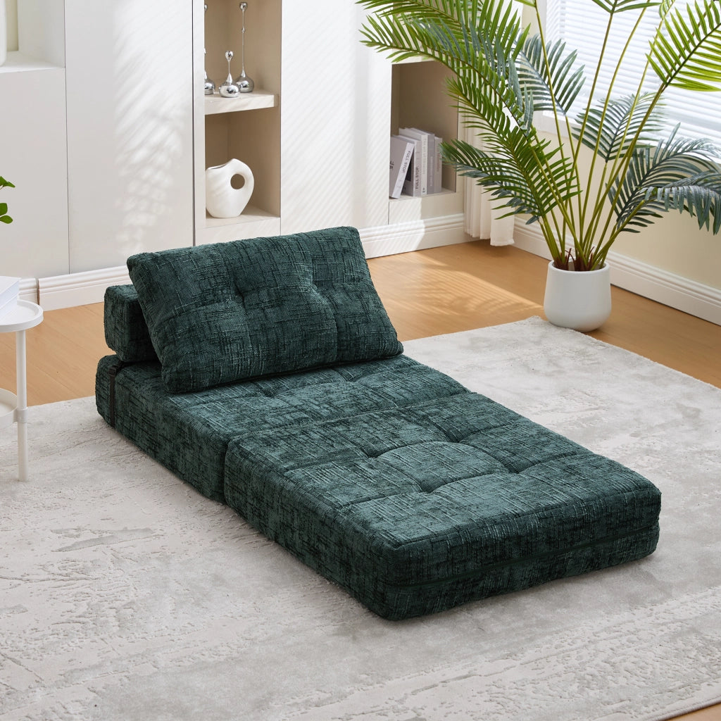 Divano letto pieghevole in ciniglia verde smeraldo con cuscini e imbottitura ad alta densità
