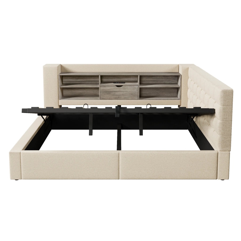 Letto matrimoniale 140x200 cm con LED, contenitore idraulico, testiera a L reversibile e materasso incluso