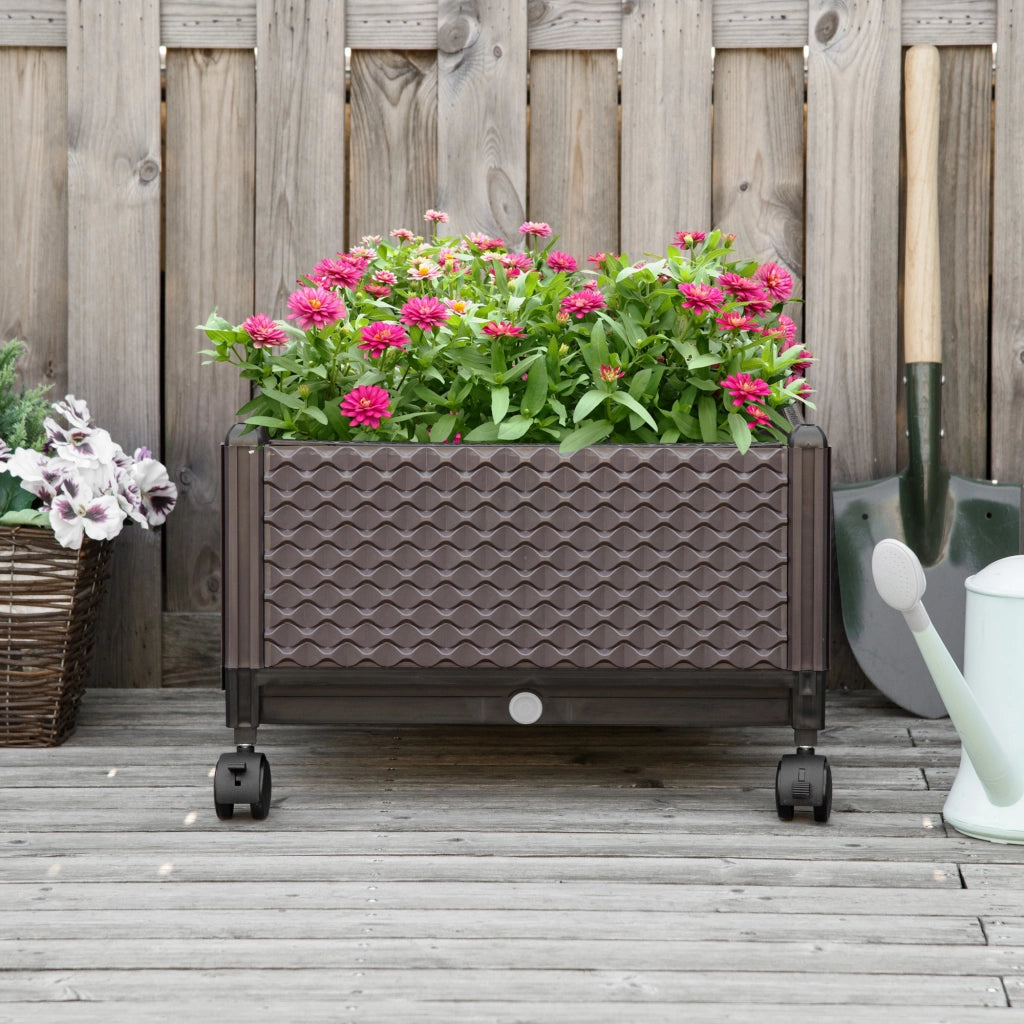 Vaso da Giardino in Plastica con Ruote e Fori di Drenaggio ¨C Zephmum ¨C 50x50x33 cm Marrone