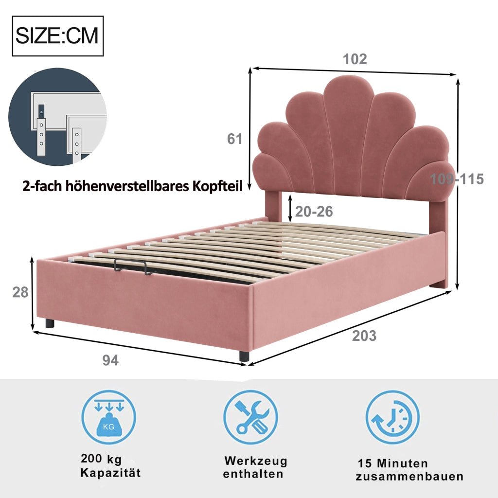 Letti contenitori 90x200 cm; con contenitore e testiera decorativa; velluto rosa (Senza materasso)