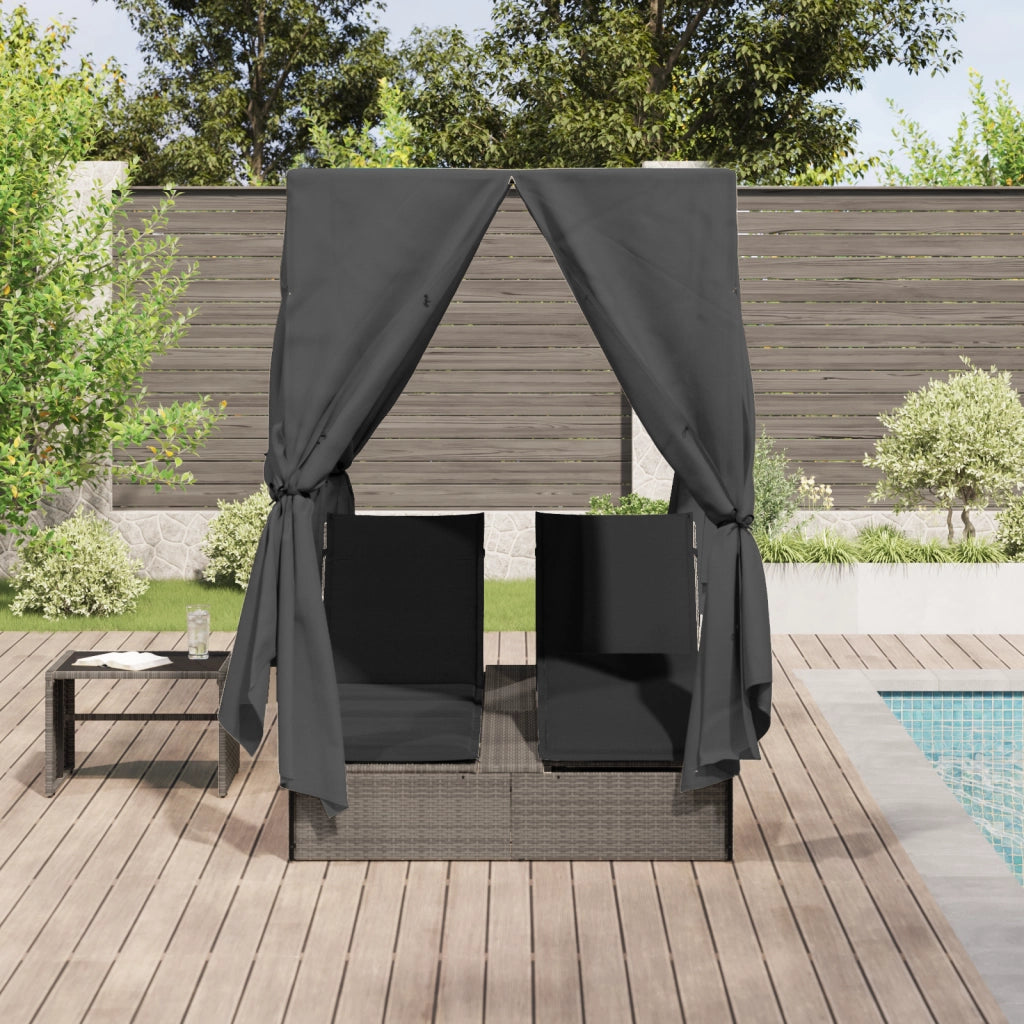 Lettino doppio  con tetto e tende in polyrattan grigio