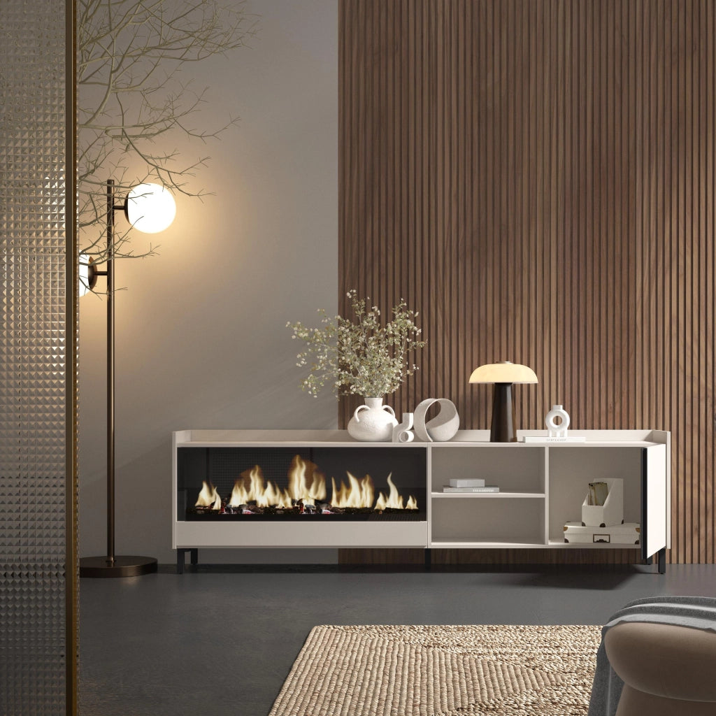 Mobile TV Soggiorno, 212x61x35 cm, Per TV fino a 80", Camino elettrico XXL, Design industriale, Beige