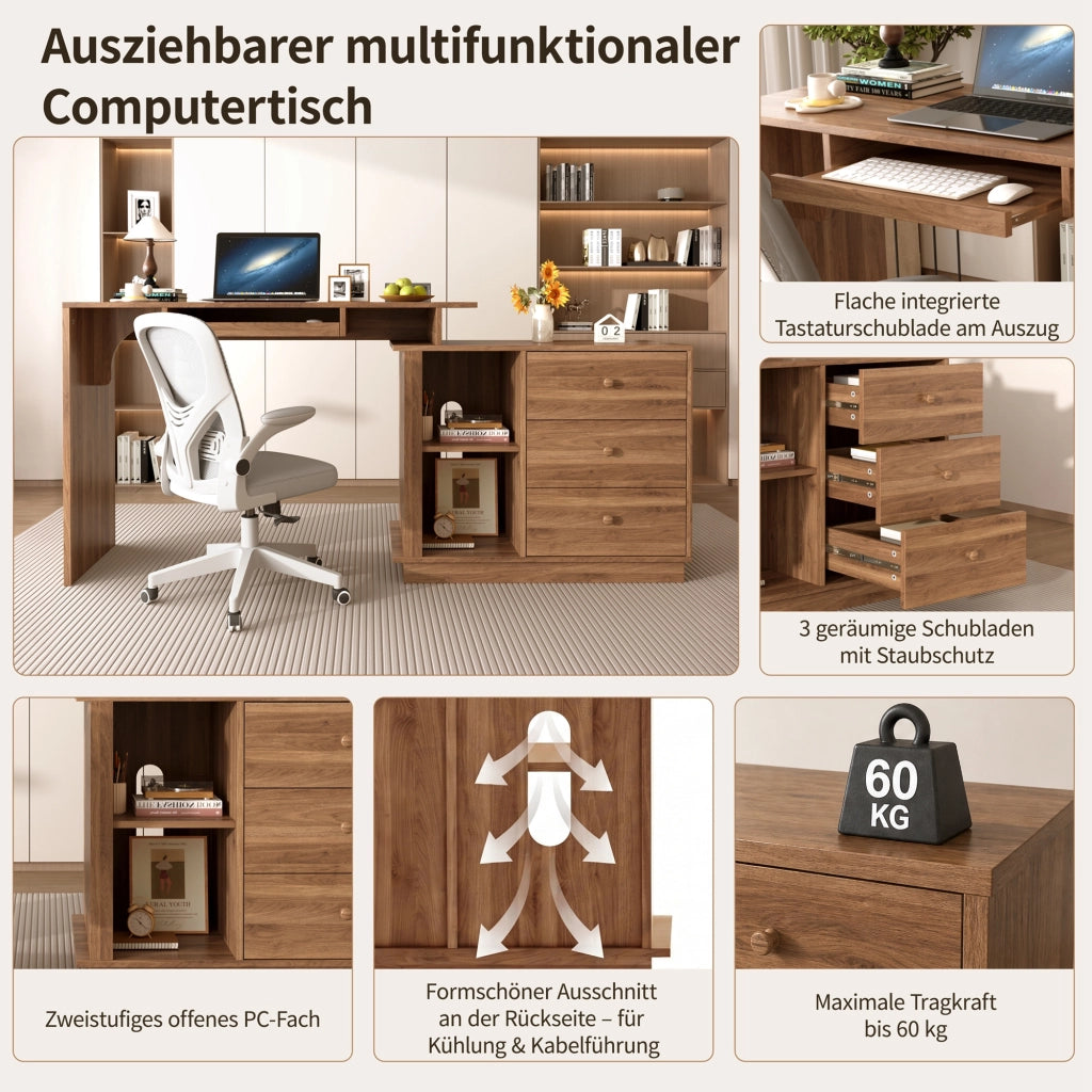 Scrivania estraibile con cassetto tastiera, 2 vani aperti e 3 cassetti, per studio, in MDF, noce, 110 × 40 × 75.5 cm