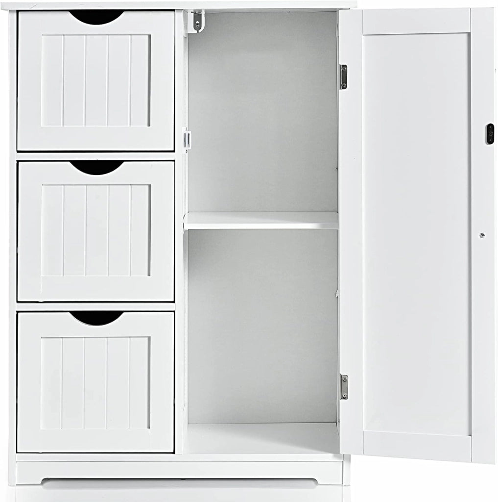 Mobile Bagno, Armadietto Salvaspazio e Multiuso con 3 Cassetti, Ante e Ripiano Regolabile, Mobiletto in Legno per Soggiorno, Camera da Letto, Salotto, Cucina, 60x 30x 81cm (Bianco)