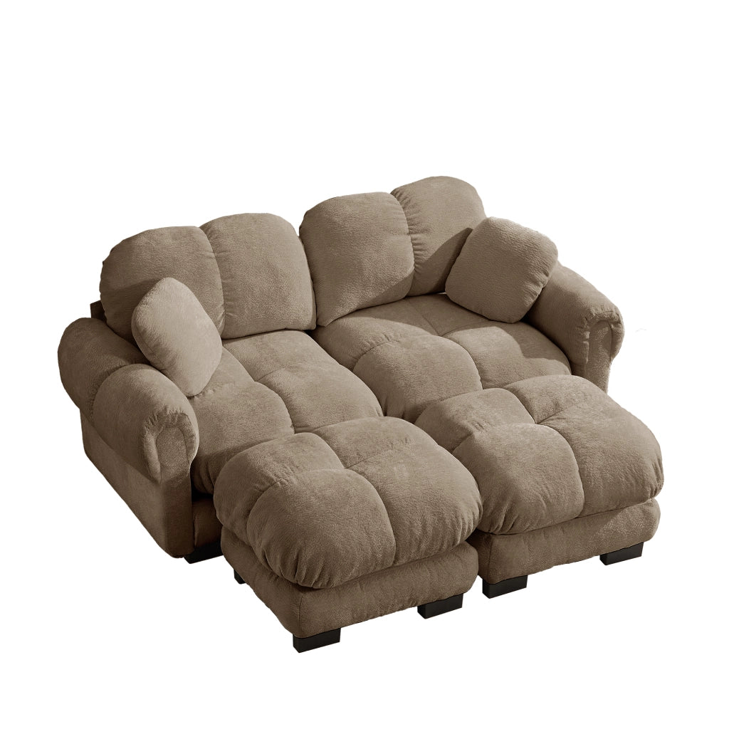 Divano modulare a U 2 posti con cuciture trapuntate; cuscini spessi e ottomana mobile in chenille marrone 190×149×90 cm