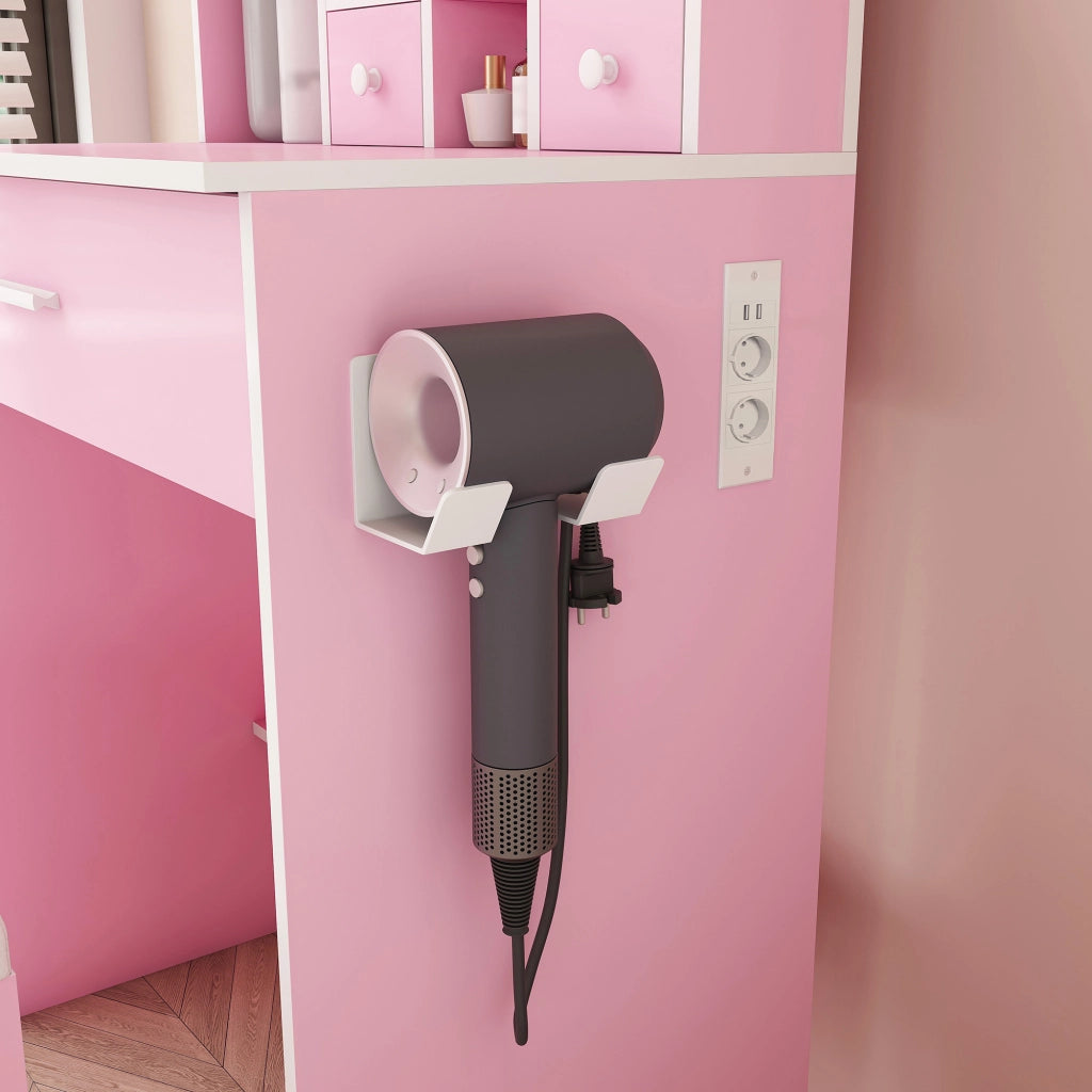 Set toeletta compatto con specchio LED dimmerabile, presa integrata, supporto phon e sgabello imbottito