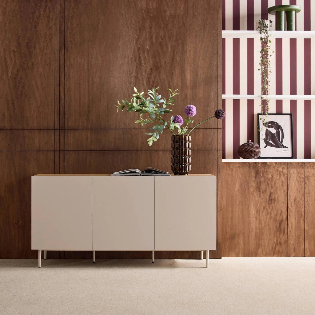 Credenza in metallo e decorazione in legno 3 ante, 150cm, beige