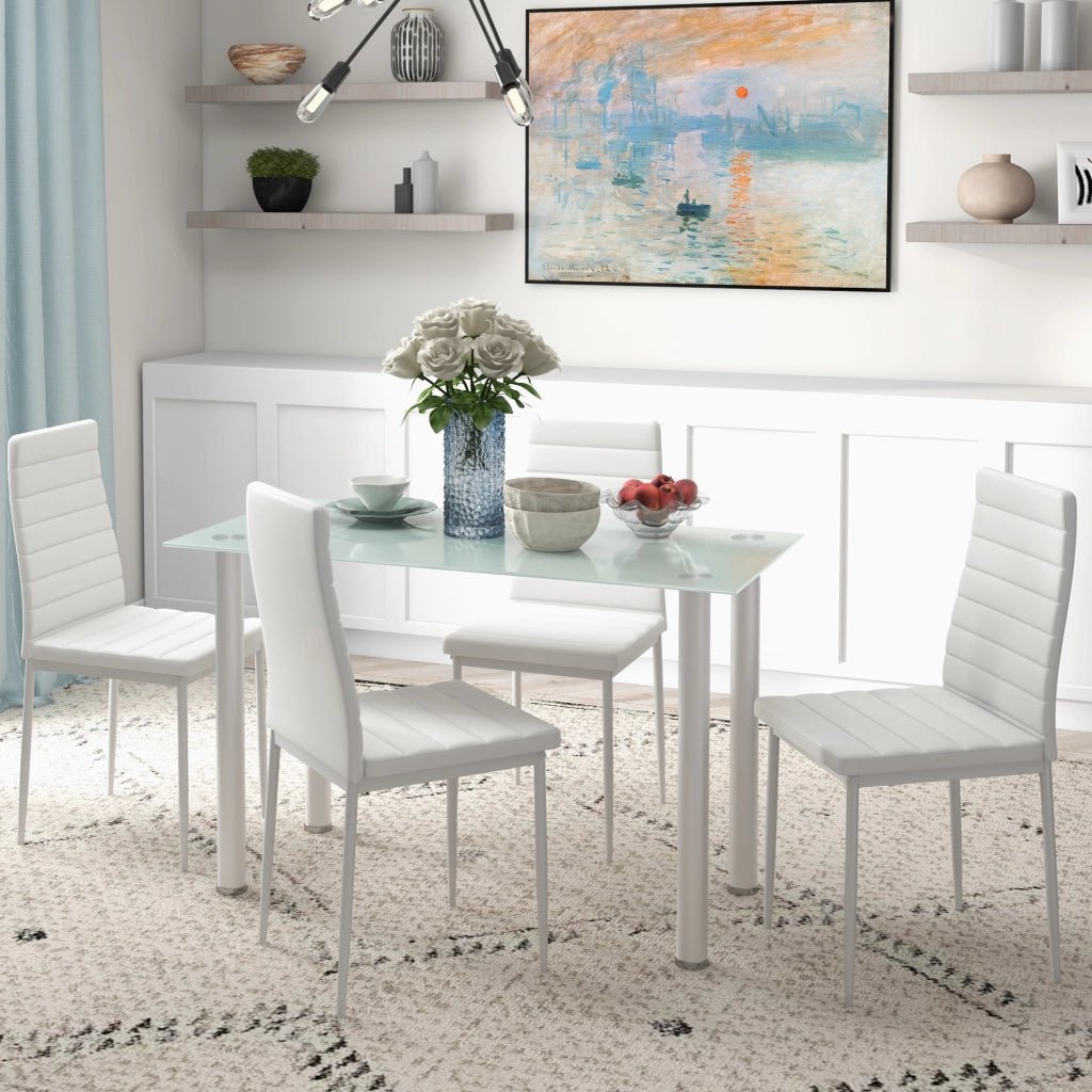 Tavolo da pranzo con 4 sedie ¨C Minimal ¨C Piano vetro temperato, gambe acciaio, bianco
