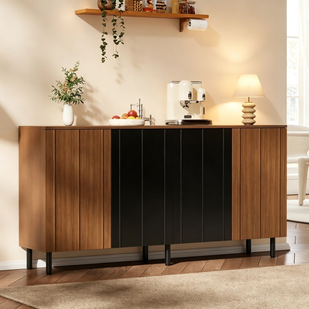 Buffet 160 × 35 × 80 cm in truciolare, noce e nero, con 4 ante e ripiani regolabili