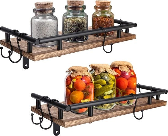 Set di 2 mensole per spezie, fissaggio alla parete per cucina, mensole per spezie, parete, mensole per spezie, legno, contenitori per spezie, organizzatore di ripostiglio