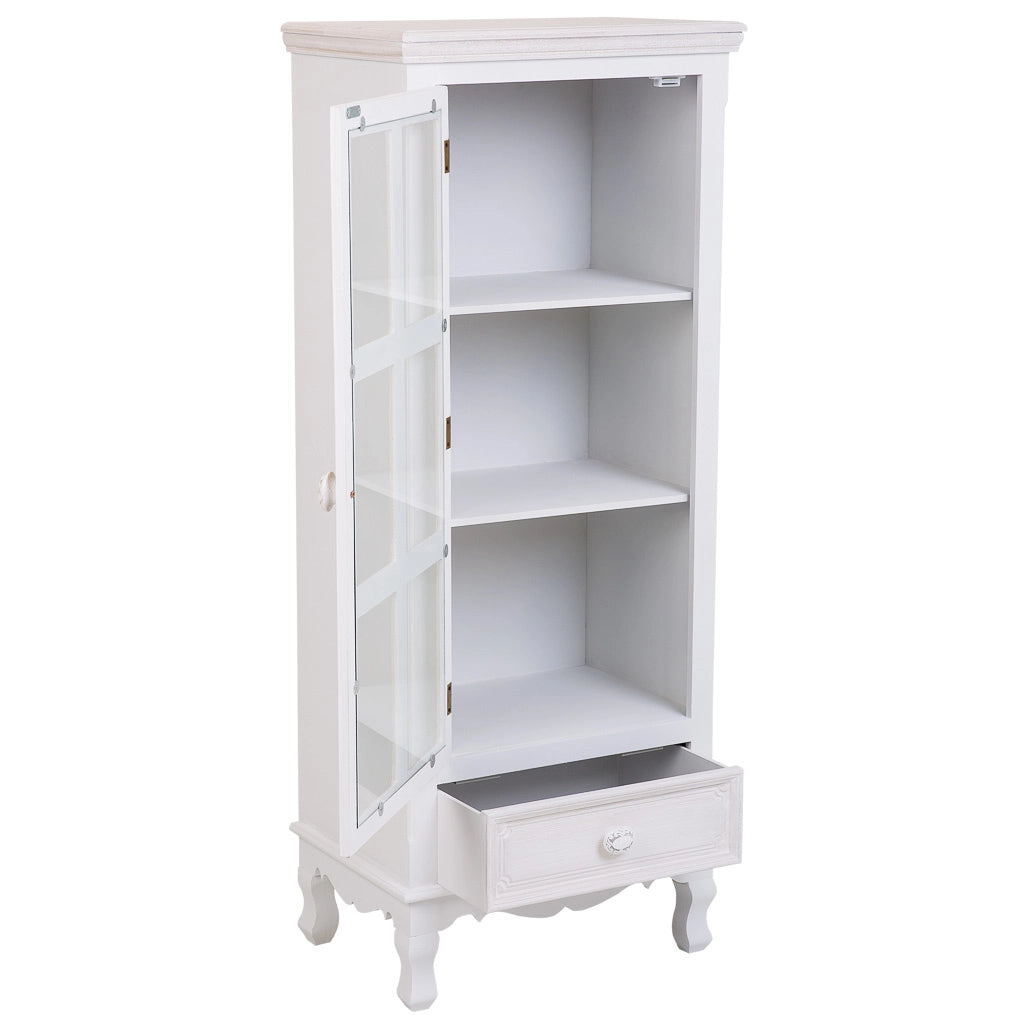 Vetrina in legno e vetro con 1 anta e 1 cassetto bianco 48x32x120