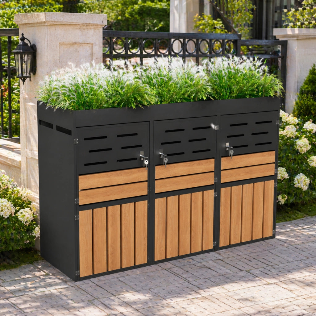 Mobile da esterno 2 in 1 con fioriera integrata e scomparti separati in lamiera grigia 199 × 80 × 128 cm