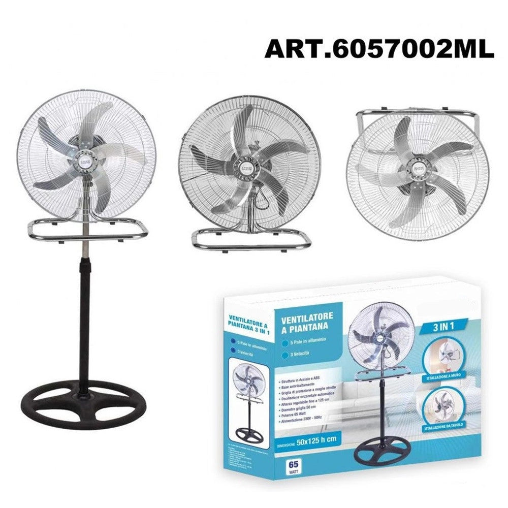 Trade Shop - Ventilatore 3in1 A Piantana Tavolo Muro 50cm 65 Watt Con 5 Pale 3 Velocità 6057002ml -