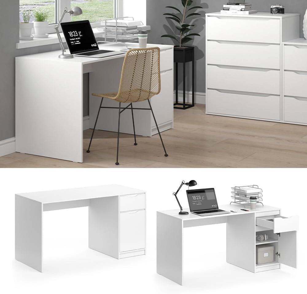 Scrivania Ruben, Bianco, 140 x 65 cm, combinabile con altri mobili della serie Ruben