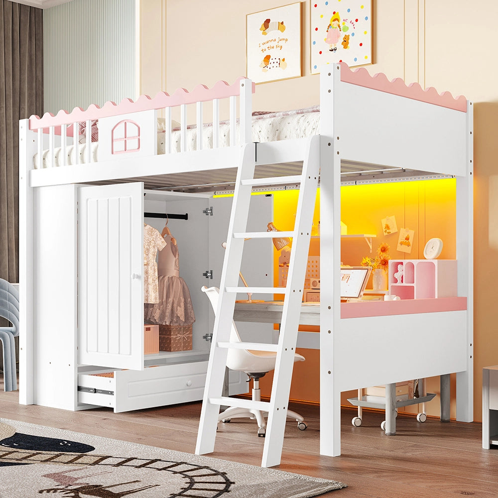 Letto a Castello Bambini – Xylo – 90x200cm, Pino, Luci LED, Armadio, Cassetto, Cert. EN747, Bianco, Senza Materasso