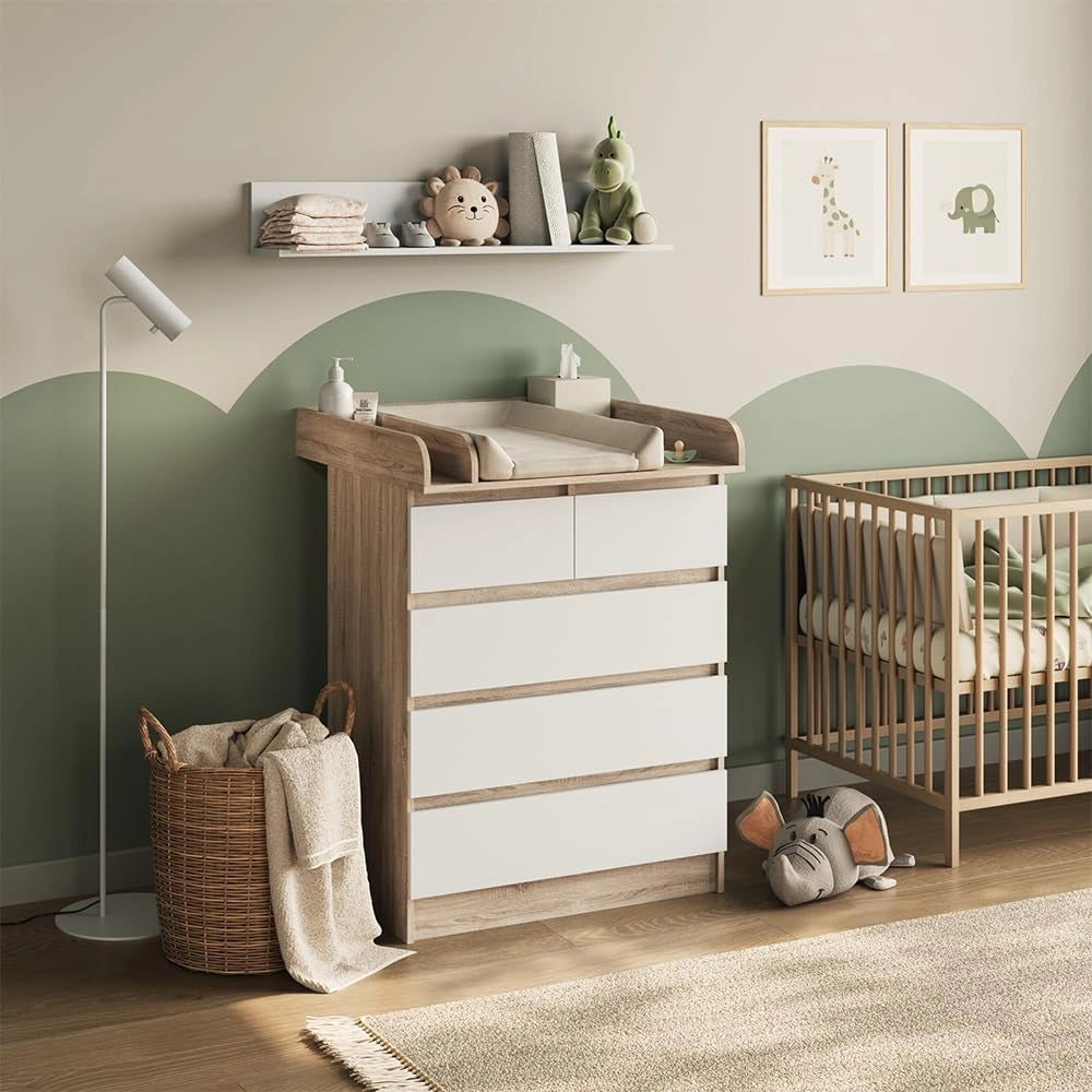 Fasciatoio Emma, Sonoma/Bianco, 80 x 110.2 cm con 5 cassetti, convertibile in una cassettiera tradizionale per un utilizzo versatile