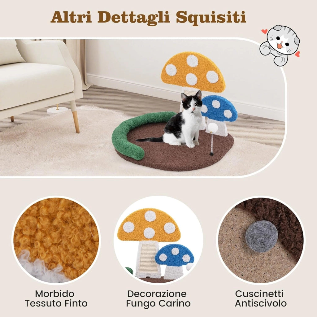 Tiragraffi per Gatti a Forma di Fungo, Lettino Moderno in Sisal con Piattaforma Ampia e Confortevole,Pallina e Poggiatesta Imbottito, Cuccia Gatti Interno