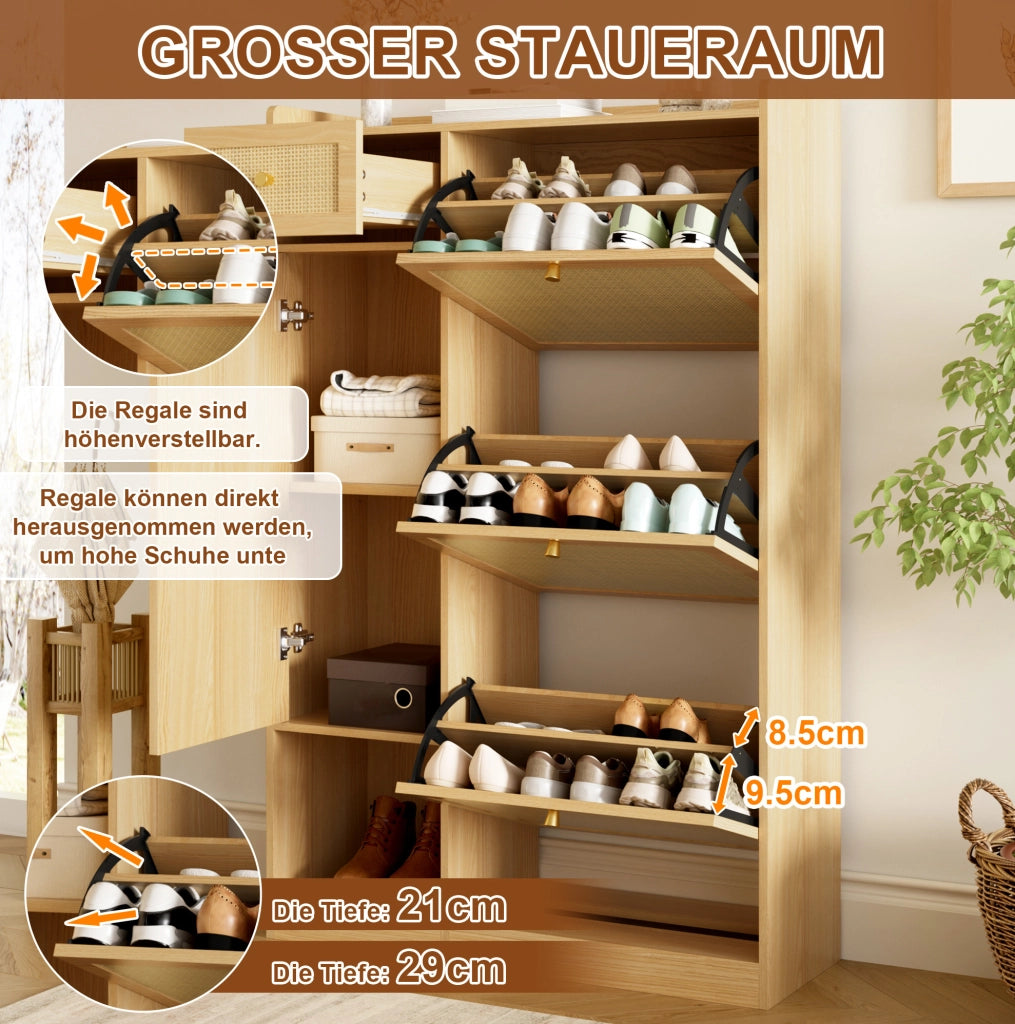 Scarpiera slim naturale con 3 ribalte, cassetto e vano laterale