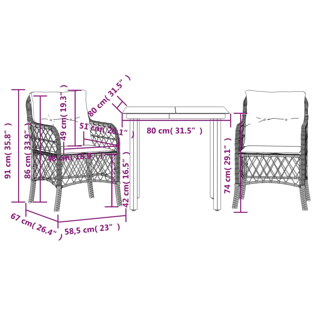 Set BistrÃ² 3 pz con Cuscini Marrone in Polyrattan