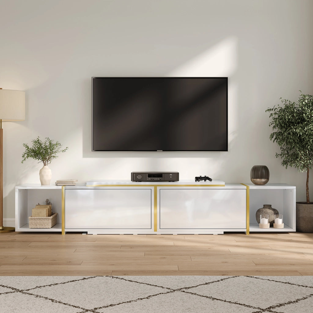 Mobile TV estensibile 275x35x37 cm bianco con frontali lucidi e bordi oro