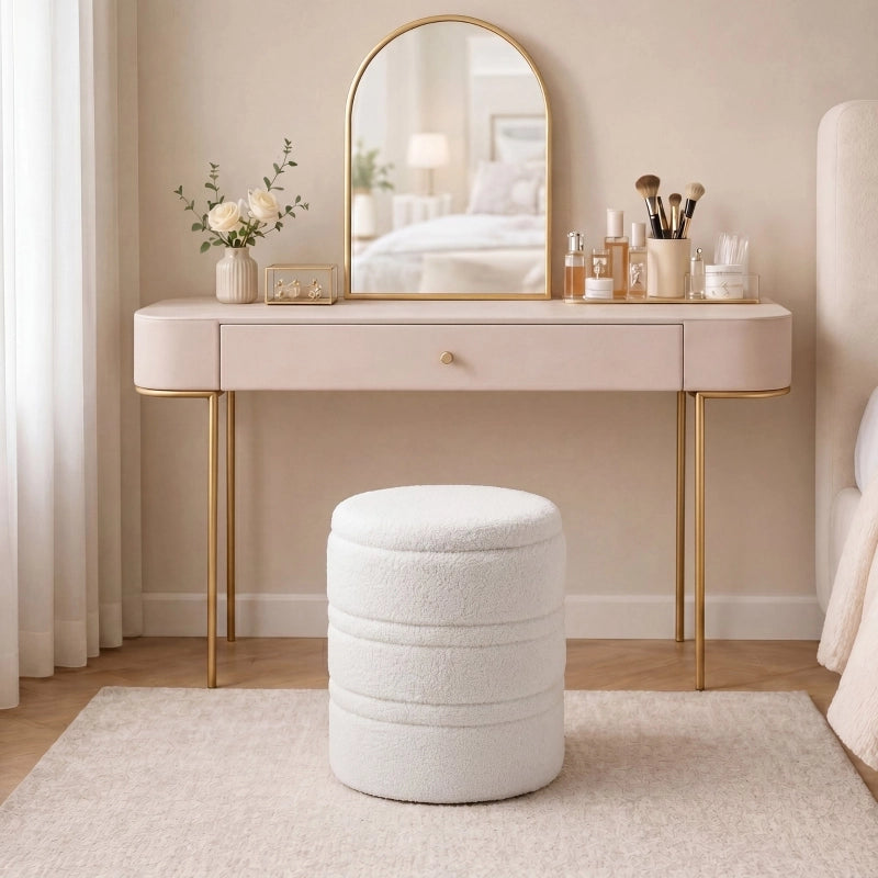 Pouf contenitore Sherpa con coperchio reversibile, sgabello rotondo per soggiorno e camera da letto, bianco