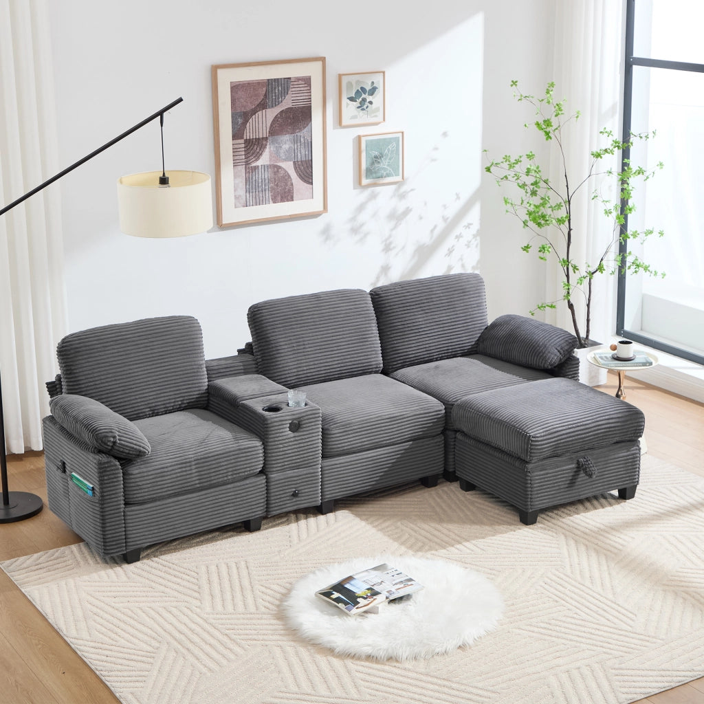 Divano dritto con contenitore, Tasche laterali, Porta USB-C e pouf mobile in velluto a coste, Grigio scuro
