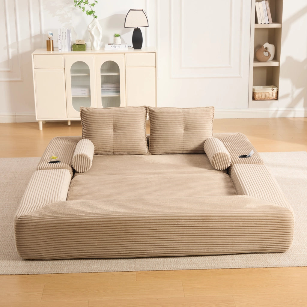 Divano letto modulare in tessuto corduroy con cuscini memory, tasche laterali e portabicchieri, khaki