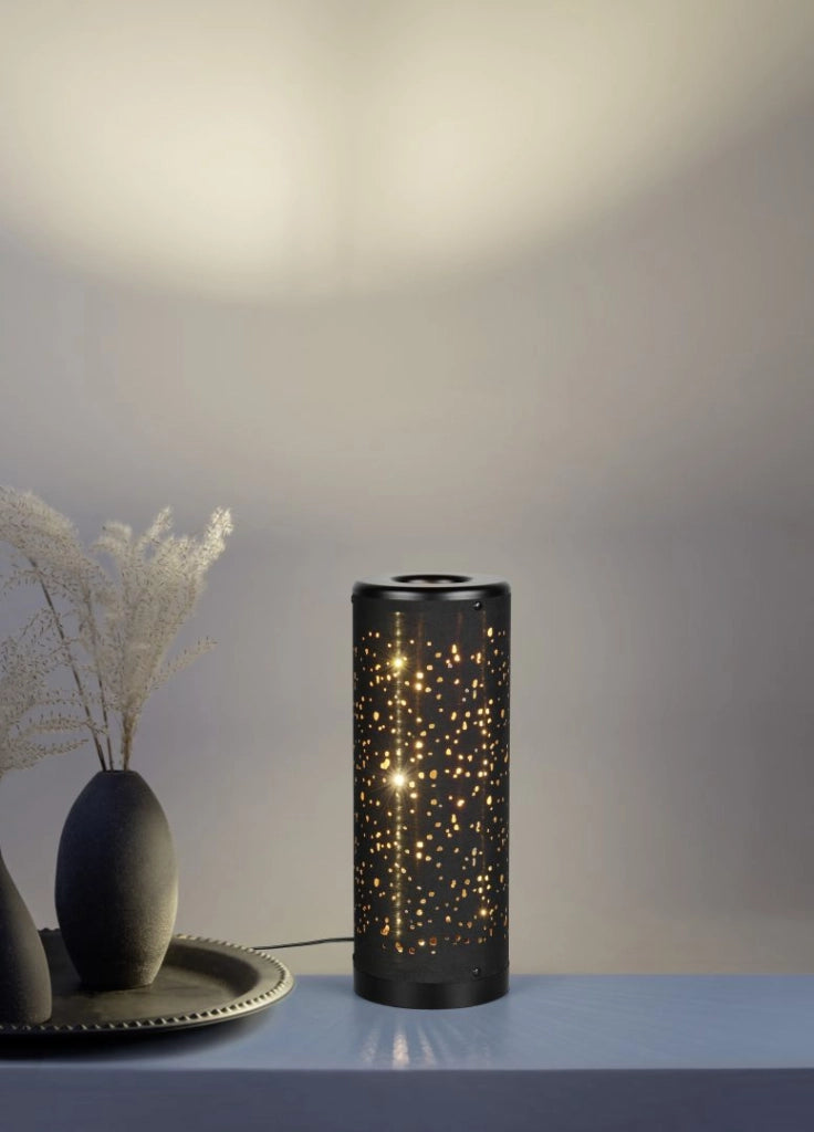 Lampada da tavolo LED, plastica e tessuto, nero e oro, H 35 cm, Taco