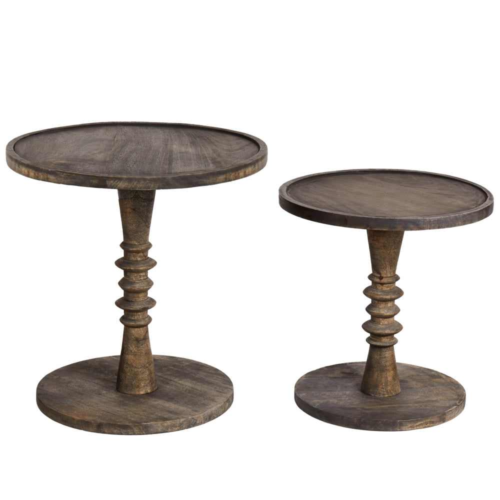 Set di 2 tavolini in legno di mango scuro con base rotonda Design tradizionale