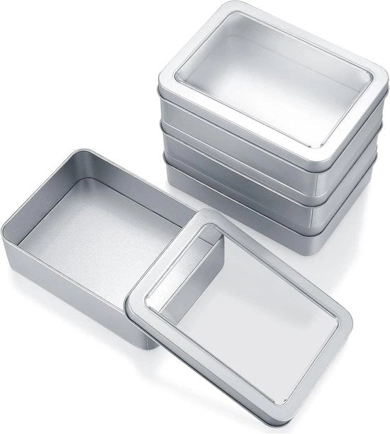 Set di 4 Scatole Metalliche Miniature - Scatole di Ripostiglio Rettagolarie Argentate - Ideali per Caramelle e Regali - 12,5 x 9 x 3,5 cm