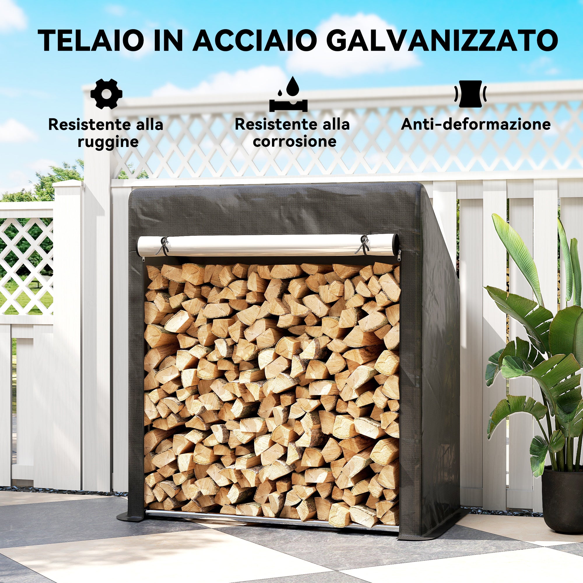 Portalegna da Esterno 100x60x110 cm in Acciaio Rinforzato con Copertura Impermeabile Nero