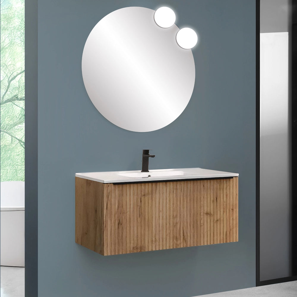 Mobile bagno sospeso 90 cm rovere africa cannettato con cassetto e lavabo Nara