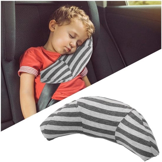 Cuscino di sicurezza per bambini - Neksteunkussen - Cuscino per collo e spalla - Cintura di sicurezza - Polyester - 30 x 15 x 11 cm - Grigio/Curcuma a strisce