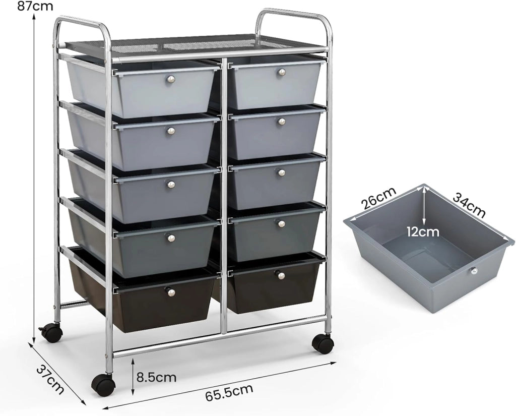 Carrello con 10 cassetti, impilabile, carrello per cassetti, carrello da cucina con ruote bloccabili, carrello per cucina, bagno, ufficio, 65,5 x 37 x 87 cm, grigio chiaro e nero