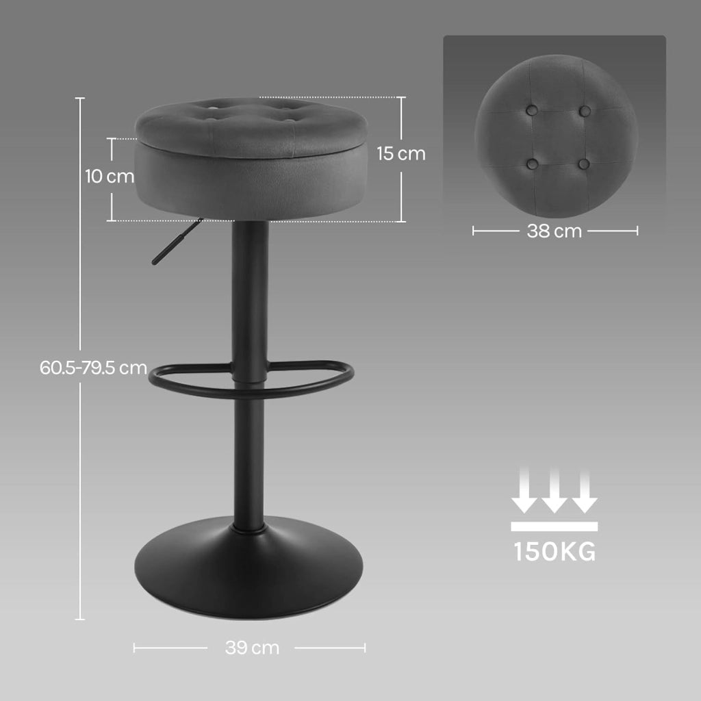 Set di 2 Sgabelli da Cucina, Sgabelli da Bar Alti con Spazio Contenitivo, Sedia Regolabili in Altezza e Girevoli a 360°, per Cucina Sala da Pranzo Bar Bancone, Velluto, Metallo, Grigio Scuro