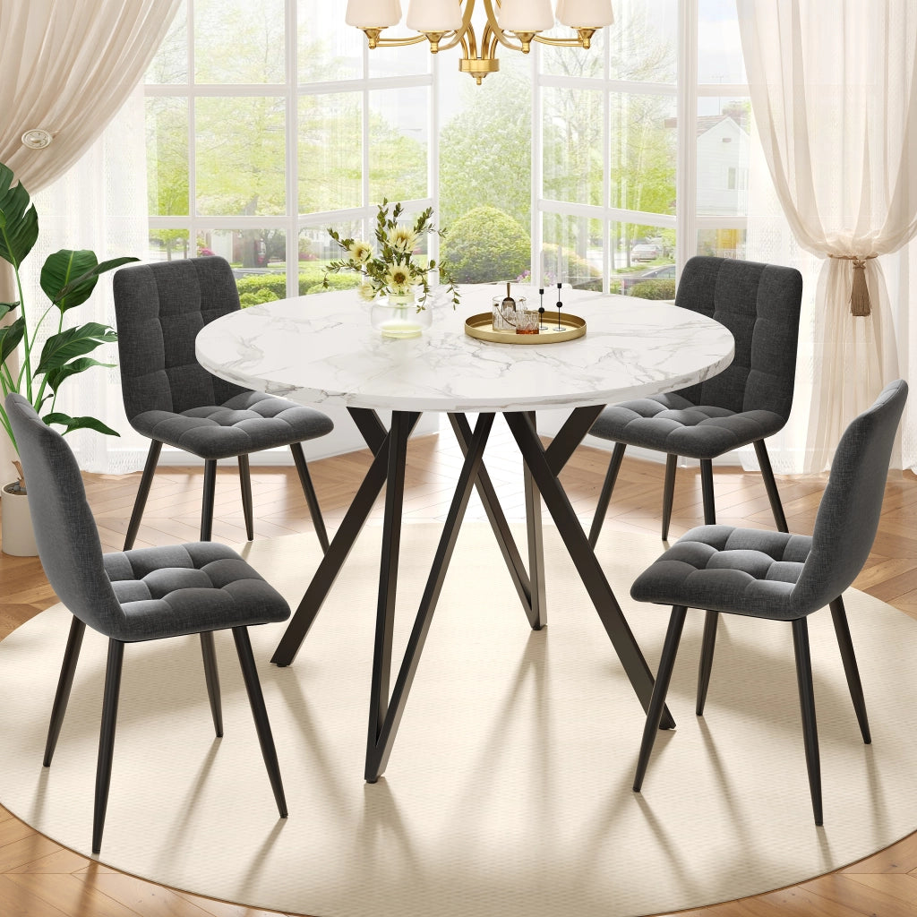 Tavolo da pranzo rotondo per 4 persone con piedi regolabili, finitura effetto marmo, in MDF, nero, 100 × 100 × 76 cm