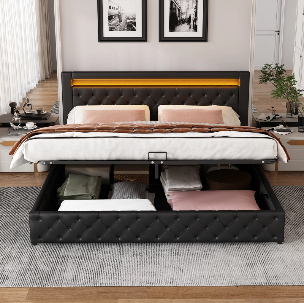 Letto matrimoniale 140x190 cm imbottito con contenitore; LED; rete a doghe; PU nero