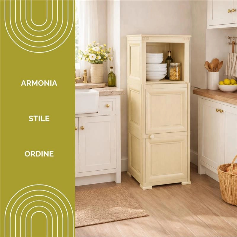 MOBILE 2 MODULI ANGORA 40X43X125 CM CON ANTE FINITURA LEGNO E 1 MODULO SCAFFALE – CONTENITORE VERTICALE ORGANIZZAZIONE CASA PER ZONA LIVING