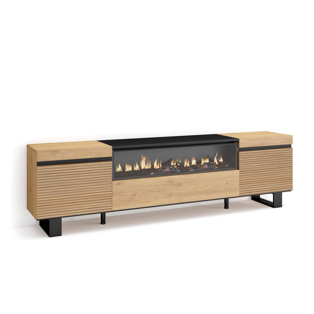 Mobile TV Soggiorno, 200x35x57cm, Per TV fino a 80", Camino elettrico, Design industriale, colore Rovere RF3316