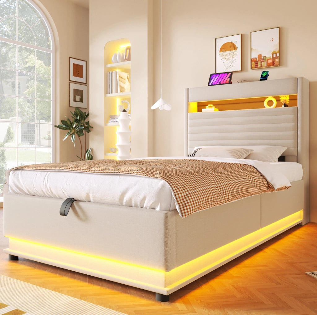 Letto imbottito 90x200 cm con LED, USB-C e vano contenitore